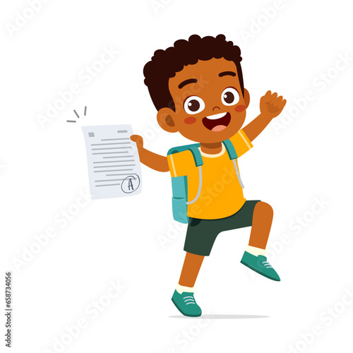 happy little kid jump because get good grade in exam