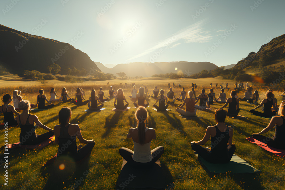 Women doing yoga in a vast meadow - obrazy, fototapety, plakaty 