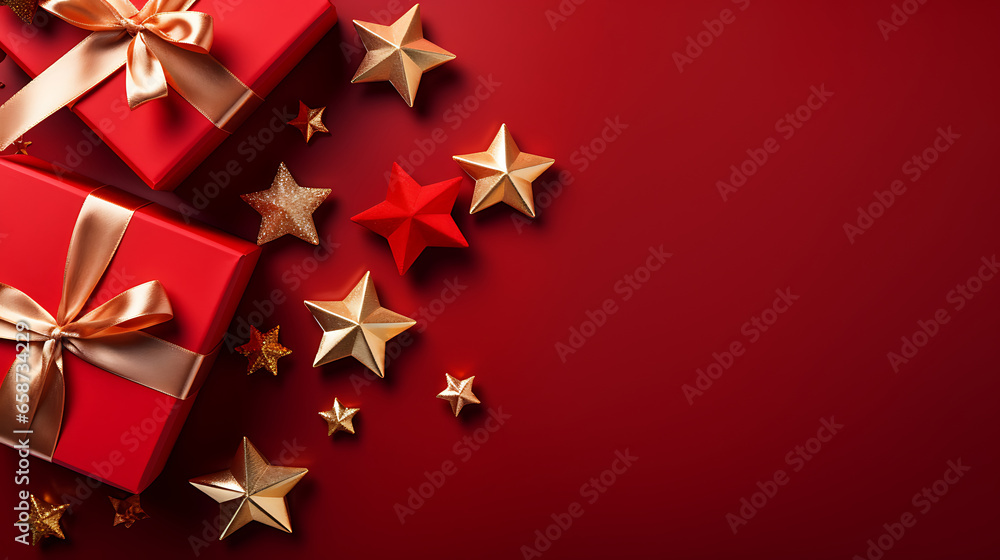 Gift box with satin ribbon and bow on a red background with copy space. Birthday or Christmas gift or present boxes with star top view. Greeting card with holiday decorations. Gift box with satin ribbon and bow on a red background with copy space. Birthday or Christmas gift or present boxes with star top view. Greeting card with holiday decorations.