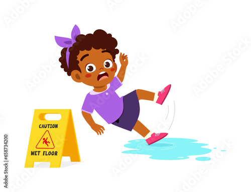 little kid walk on slippery wet floor
