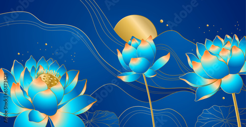 Vector golden lotus flower and leaves on blue background