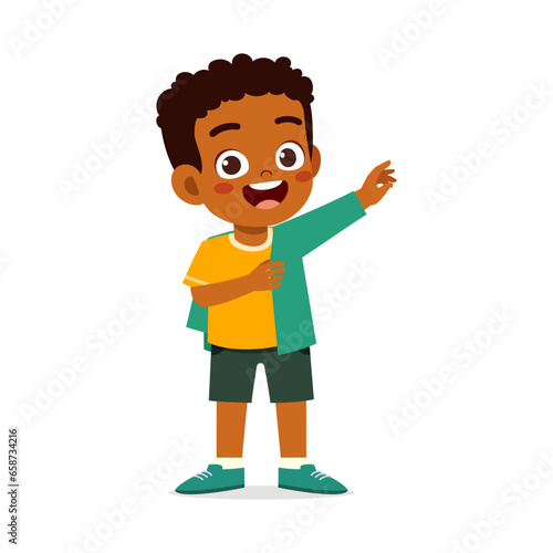 little kid wearing clothes and feeling happy