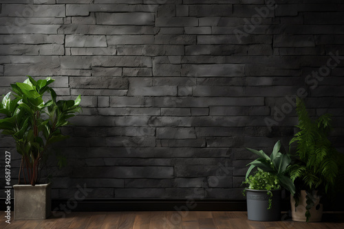 Empty indoor rough black brick wall with wooden floor and house plants. Loft dark interior. Copy space