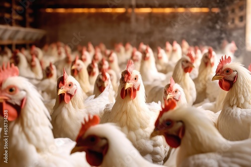 Organic chicken farm, chicken feeding indoor ,Generative AI. photo