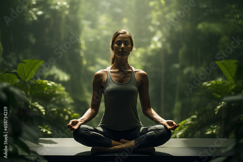 a woman wearing leggings and doing a yoga pose in the forest