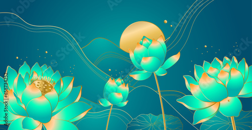 Vector golden lotus flower and leaves on green background