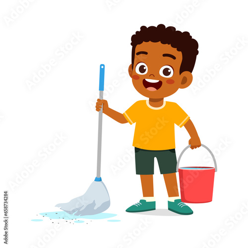 little kid cleaning floor with mop stick