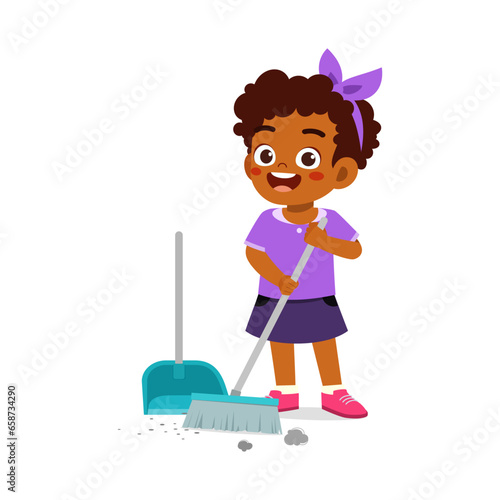 little kid sweep floor with broom