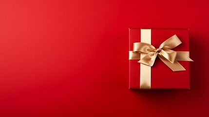 Gift box with satin ribbon and bow on a red background with copy space. Birthday or  Christmas gift or present boxes with star top view. Greeting card with holiday decorations.