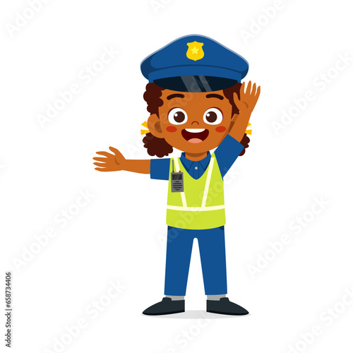 little kid wearing police costume and manage traffic