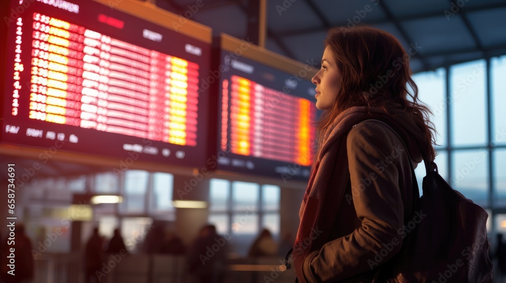 woman at an international airport check flight information board, checking travel time on board at airport, travel, payment, due, booking, online, check in