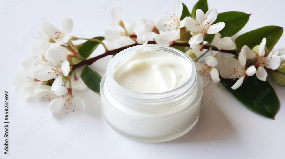 whitening and moisturizing Face cream in an open glass jar and flowers on white background. Set for spa, skin care and body products and solutions for skin problems such as scars, acne, wrinkles.