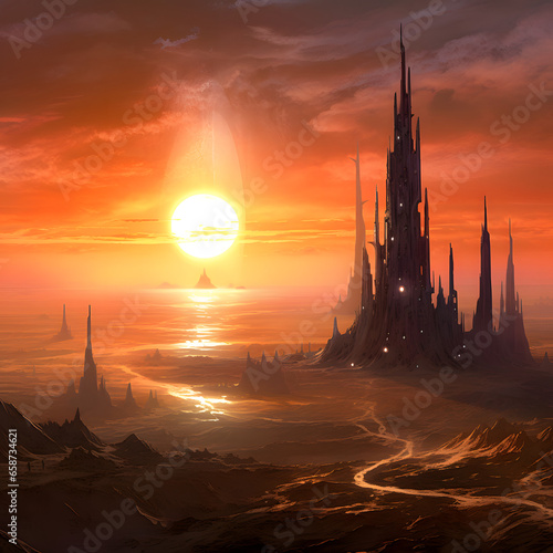 The sun is setting on a distant planet, casting a pale light across the landscape. Sci-Fi