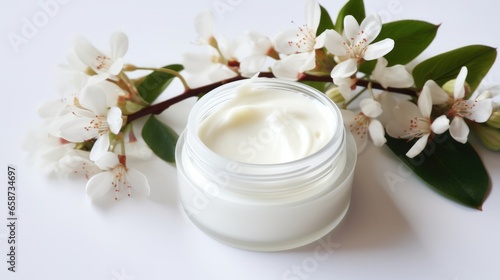 whitening and moisturizing Face cream in an open glass jar and flowers on white background. Set for spa  skin care and body products and solutions for skin problems such as scars  acne  wrinkles.