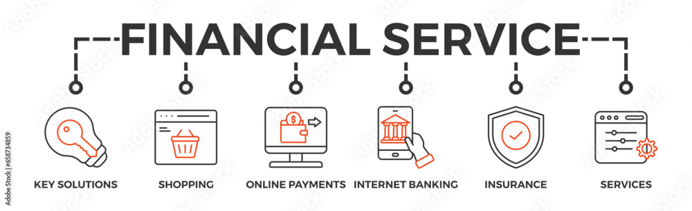Financial service banner web icon vector illustration concept with icon of key solutions, shopping, online payments, internet banking, insurance and services Financial service banner web icon vector illustration concept with icon of key solutions, shopping, online payments, internet banking, insurance and services