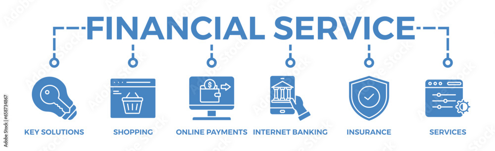 Financial service banner web icon vector illustration concept with icon of key solutions, shopping, online payments, internet banking, insurance and services Financial service banner web icon vector illustration concept with icon of key solutions, shopping, online payments, internet banking, insurance and services