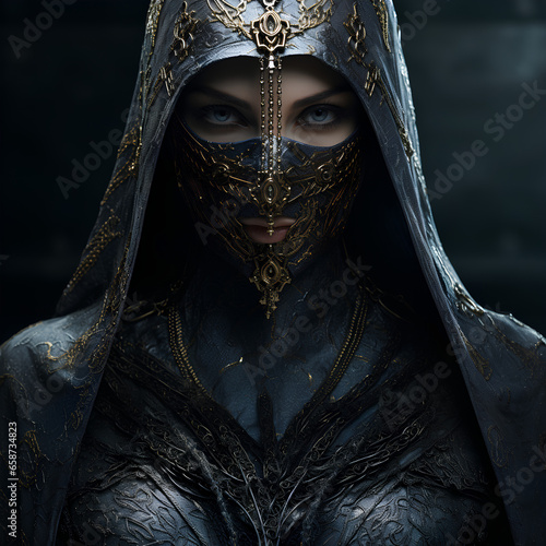 Front view of female assassin warrior wearing leather clothes
