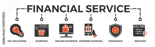 Financial service banner web icon vector illustration concept with icon of key solutions, shopping, online payments, internet banking, insurance and services