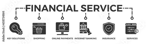 Financial service banner web icon vector illustration concept with icon of key solutions, shopping, online payments, internet banking, insurance and services