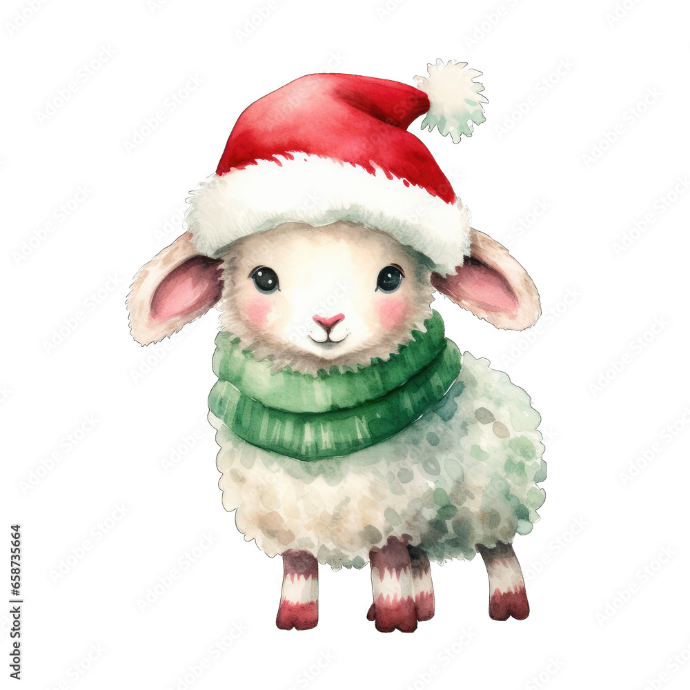 Cute sheep wearing a winter clothing. Lamb Christmas, isolated on white transparent background