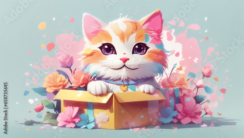 illustration of a cute cat and a gift box.