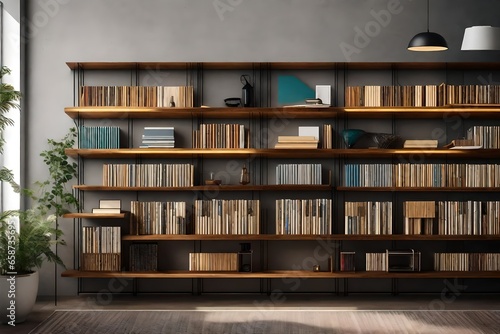 minimalist wall-mounted shelves to display vintage books vinyl records and decorative items in an organized manner. photo