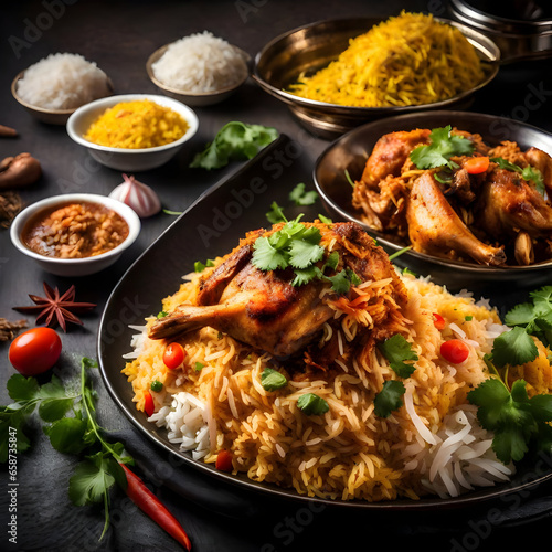 A beautifully plated serving of Chicken Biryani, Picture fragrant basmati rice, tender pieces of chicken, and aromatic spices on the table