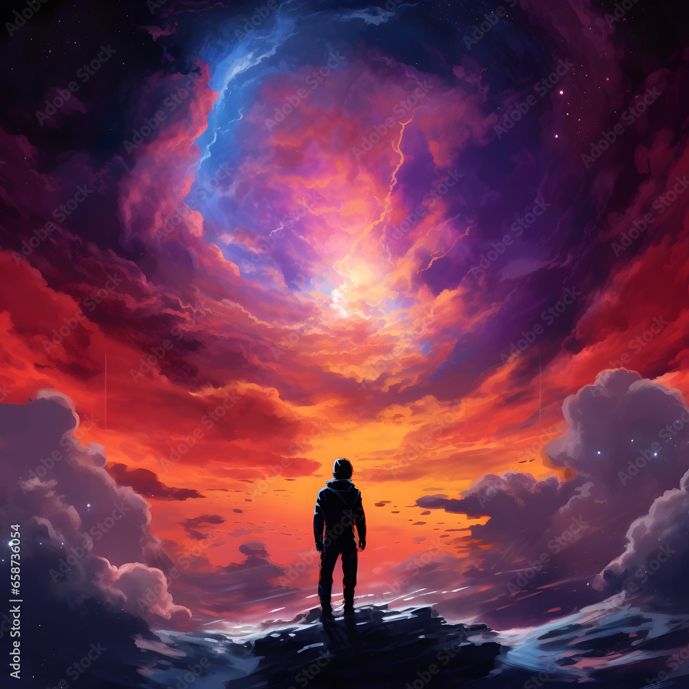 Lone astronaut stands on the edge of an alien planet, gazing up at a sky full of strange, swirling clouds that reflect the light of distant stars
