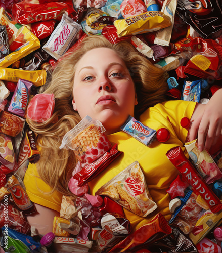 An AI-generated image of a woman, nestled beneath discarded candy wrappers. The motional intricacies tied to body shaming, lack of healthy food options, eating disorders, and deep loneliness. Empathy