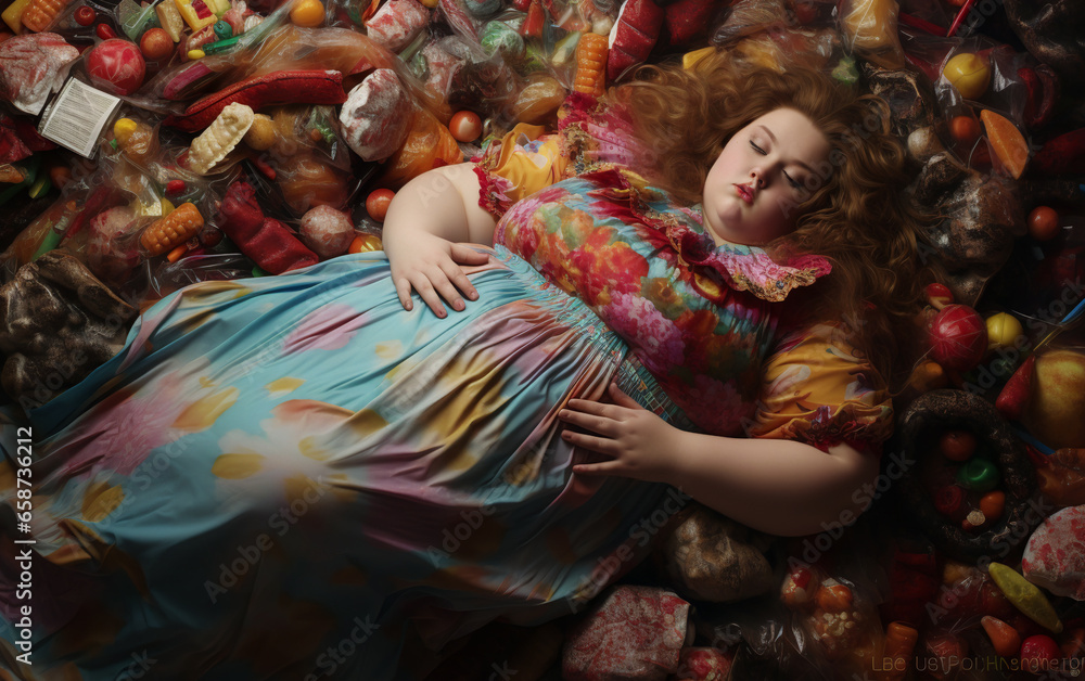 An AI-generated image of a woman, nestled beneath discarded candy wrappers. The motional intricacies tied to body shaming, lack of healthy food options, eating disorders, and deep loneliness. Empathy