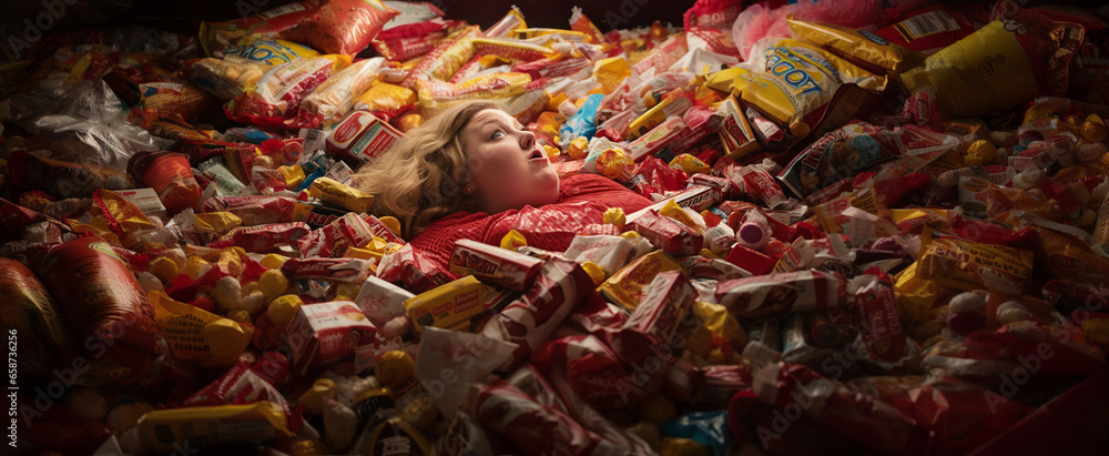 An AI-generated image of a woman, nestled beneath discarded candy wrappers. The motional intricacies tied to body shaming, lack of healthy food options, eating disorders, and deep loneliness. Empathy