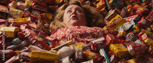 An AI-generated image of a woman, nestled beneath discarded candy wrappers. The motional intricacies tied to body shaming, lack of healthy food options, eating disorders, and deep loneliness. Empathy