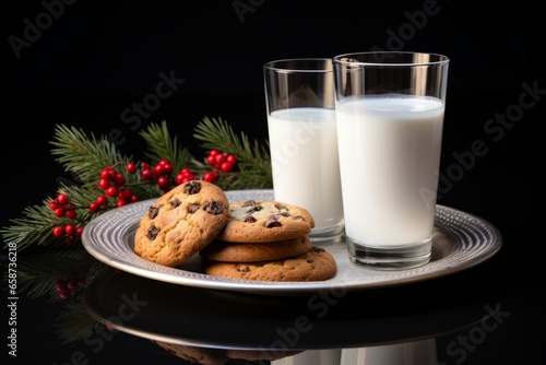 Santa s Treats  A minimalistic  high-quality stock photograph capturing the essence of leaving out milk and cookies for Santa Claus. Created with AI technology