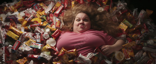 An AI-generated image of a woman, nestled beneath discarded candy wrappers. The motional intricacies tied to body shaming, lack of healthy food options, eating disorders, and deep loneliness. Empathy