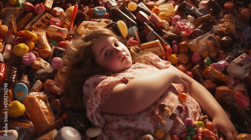 An AI-generated image of a woman, nestled beneath discarded candy wrappers. The motional intricacies tied to body shaming, lack of healthy food options, eating disorders, and deep loneliness. Empathy