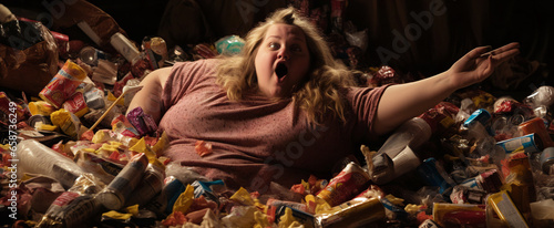 AI-generated photo of a woman buried under a mountain of discarded candy wrappers. The emotional complexities tied to body shaming, lack of healthy food choices, eating disorders, and deep loneliness 