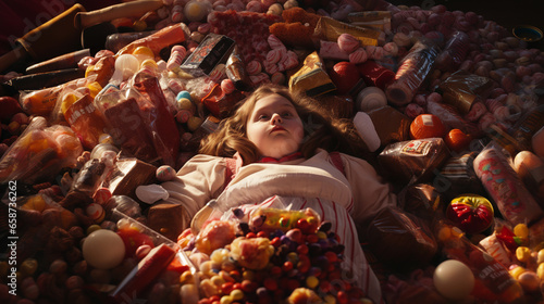 An AI-generated image of a woman, nestled beneath discarded candy wrappers. The motional intricacies tied to body shaming, lack of healthy food options, eating disorders, and deep loneliness. Empathy