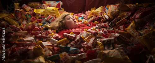 An AI-generated image of a woman, nestled beneath discarded candy wrappers. The motional intricacies tied to body shaming, lack of healthy food options, eating disorders, and deep loneliness. Empathy