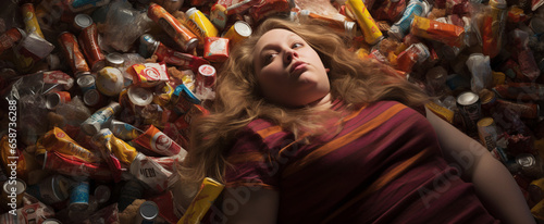 An AI-generated image of a woman, nestled beneath discarded candy wrappers. The motional intricacies tied to body shaming, lack of healthy food options, eating disorders, and deep loneliness. Empathy photo