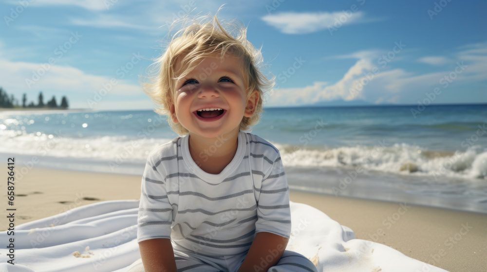 Funny baby sitting in sand of tropic sea beach Funny baby sitting in sand of tropic sea beach