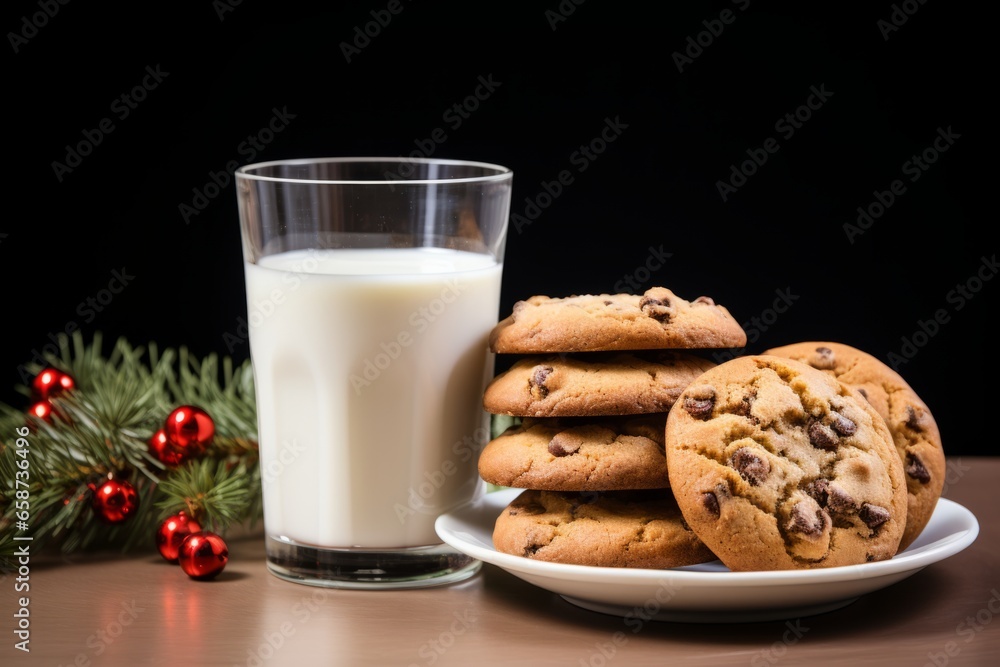 Santa's Treats: A minimalistic, high-quality stock photograph capturing the essence of leaving out milk and cookies for Santa Claus. Created with AI technology Santa's Treats: A minimalistic, high-quality stock photograph capturing the essence of leaving out milk and cookies for Santa Claus. Created with AI technology