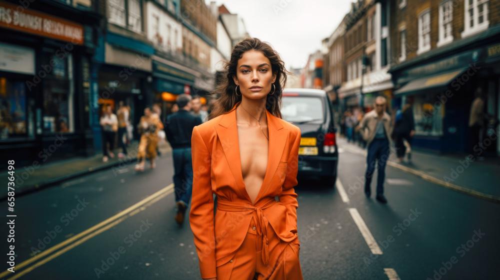 Fashionably dressed woman model in London street