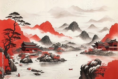 chinese temple in the mountains traditional japanese ink art