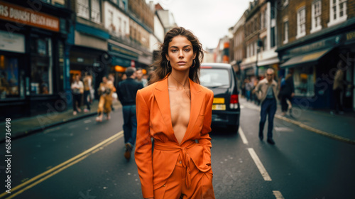 Fashionably dressed woman model in London street