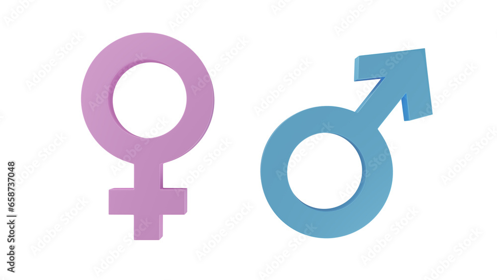 Pink female and blue male gender symbols isolated on transparent and white background. Gender concept. 3D render Pink female and blue male gender symbols isolated on transparent and white background. Gender concept. 3D render