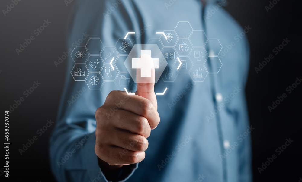 Health insurance and medical welfare concept. People hand confirm plus sign with healthcare medical icon, health and access healthcare. Health insurance and medical welfare concept. People hand confirm plus sign with healthcare medical icon, health and access healthcare.