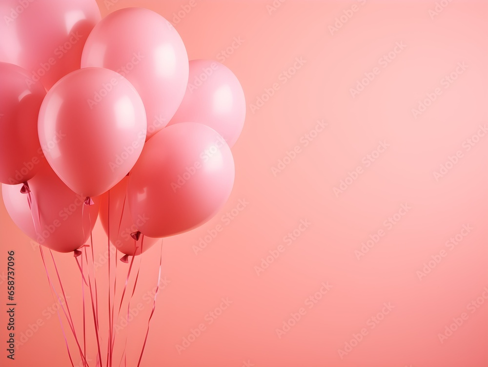 A bunch of pink balloons with pink background. Birthday or party card with copyspace