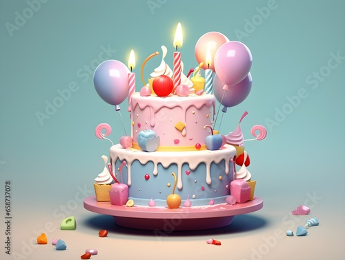 Cute birthday cake decorated with candle, balloons and sweets with blue minimal background