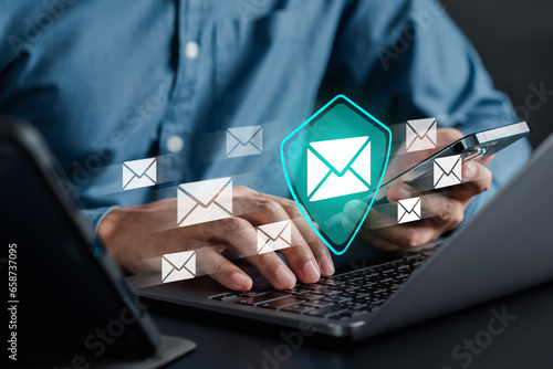 Email Protection Security from Spam virus. Internet network, Secure data email, Security protection notification on internet letter security protect, junk and trash mail and compromised information.