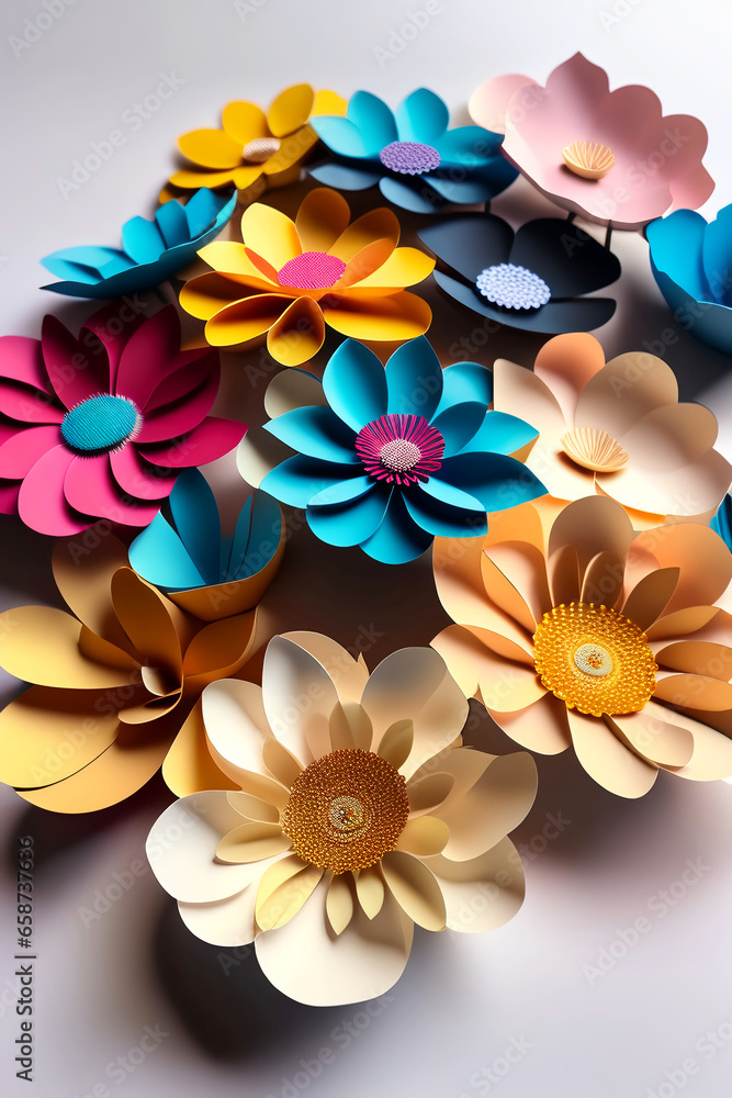 beautiful paper flowers, decor. artificial intelligence generator, AI, neural network image. background for the design. beautiful paper flowers, decor. artificial intelligence generator, AI, neural network image. background for the design.